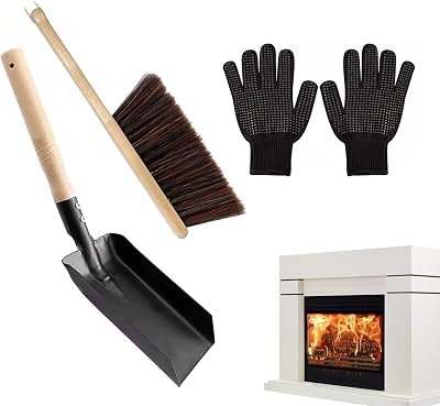 Esoes Fireplace Shovel Brush Set Long Wooden Handle Ash Dust Pan + Gloves