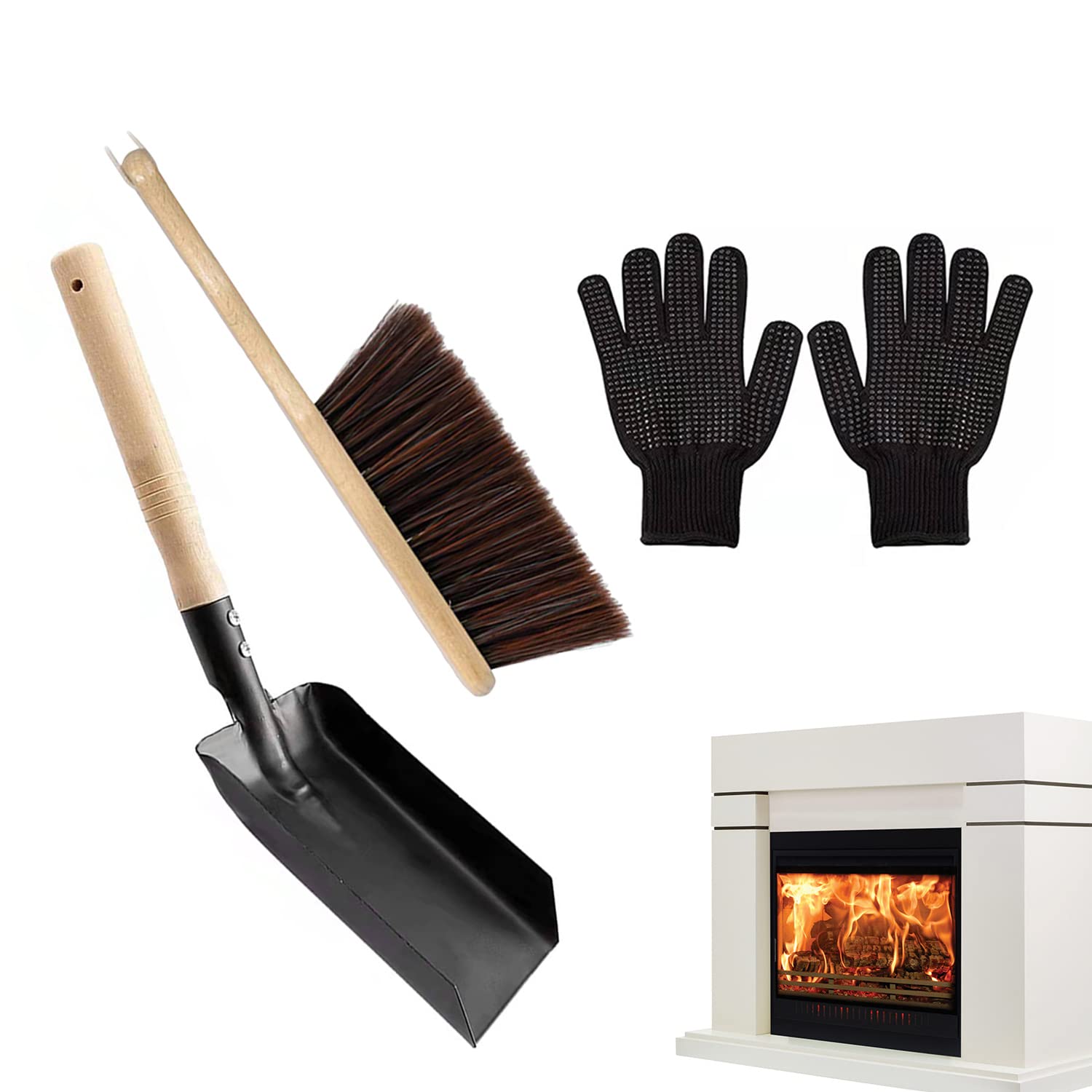 Shovel For Fireplace Metal Shovel And Brush Set Long Wooden Handle Shovel Fireinside Dust Ash Pan With Black Silicone Gloves Garden Dustpan Coal Shovel Fireplace Cleaning Set