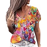 Cute Heart Graphics T-Shirt Women Valentines Shirt Colorful Dye Love Printed V-Neck Short Sleeves Retro Tee Top
