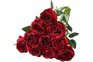 Nubry Artificial Silk Rose Flower Bouquet Lifelike Fake Rose for Wedding Home Party Decoration Event Gift 10pcs (Wine Red)