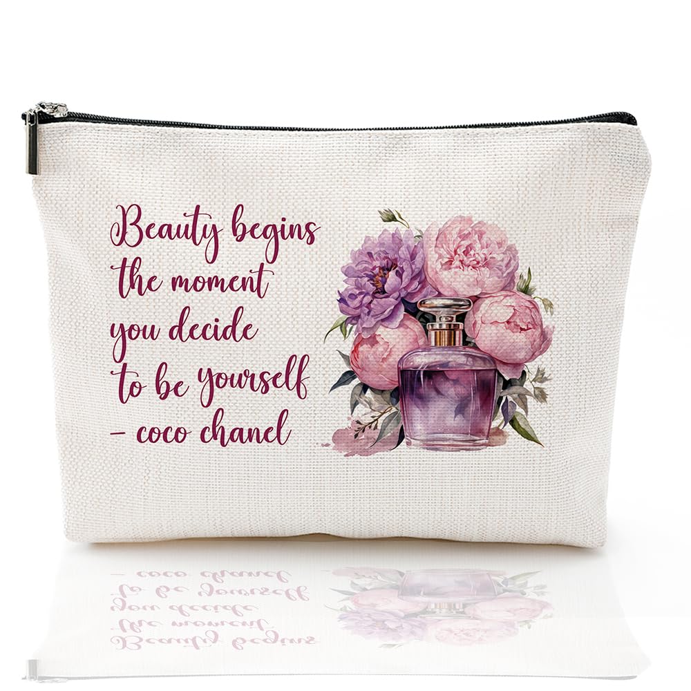 Coco Chanel Quotes Makeup Bag Fashion Gift for Girls Beauty Flower Fragrance Begins The Moment You Decide to Be Yourself - Waterproof Linen Toiletry Bag for