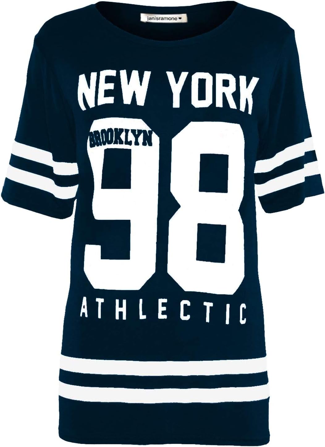 janisramoneWomens Ladies New Baseball Newyork 98 Brooklyn Varsity Stripe Print Oversized Baggy T Shirt Top