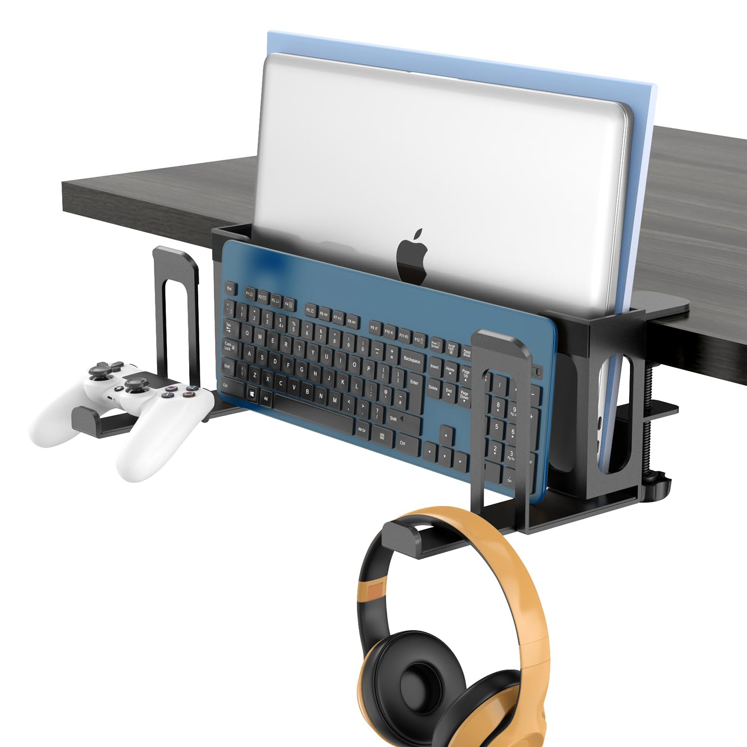 2 Tier 6-in-1 Adjustable Under Desk Laptop Holder with Keyboard Tray & Headphone Stand No Drilling Clamp On Desk Side Organiser Vertical Laptop Stand Magazine File Holder Fits Up To 4.5cm Table Thick