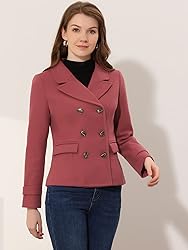 Allegra K Women's Notched Lapel Double Breasted Pea