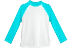 CITY THREADS Made in USA Long Sleeve Girls' Rashguard Swimming Suit Swim Tshirt Tee UPF50+ Sun Protection for Beach Pool Summer Fun, White w/Turquoise, 10
