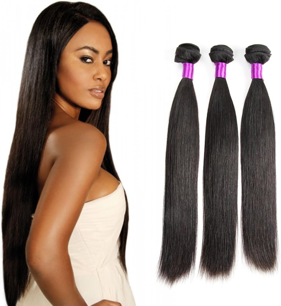 Brazilian Straight Human Hair Bundles Unprocessed Virgin Hair Weave Human Bundles Weft 3 Bundles of Straight 100% Human Hair Extensions Natual Black Color 18 20 22 Inch