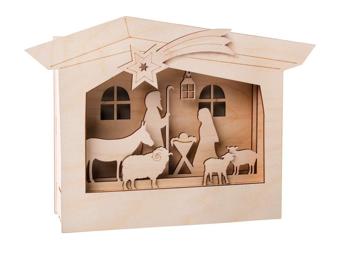 Rayher Shadow Box Building Kit with 3D Nativity Scene, DIY Wood Craft Set, 13 slot-together Pieces, natural wood, 24x24x6.3cm