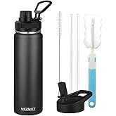 MEZMUT Insulated Water Bottle 24oz Stainless Steel Water Bottles with Straw&2 Lids Sports Metal Water Bottle Cup Double Walled Vacuum Insulated Bottles Leak-Proof Travel(Black)
