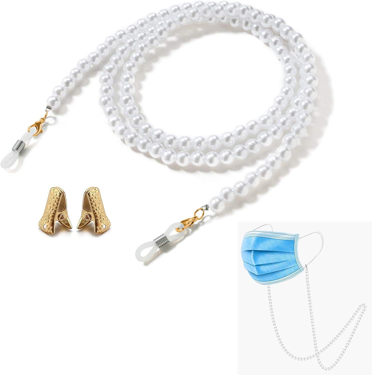 Eyeglass Chain for Women with Clips Pearl Necklace Holder Cords Around