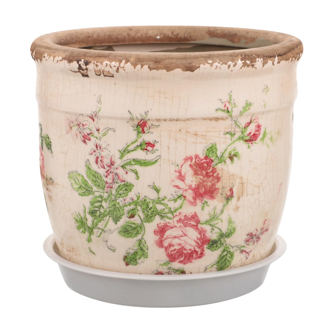 RORPOIR Ceramic Planter Pot with Retro Rose Pattern Indoor Outdoor Succulent Bowl Planter with Drainage Saucer Small Garden Plant Pot for Desk and Windowsill Decoration
