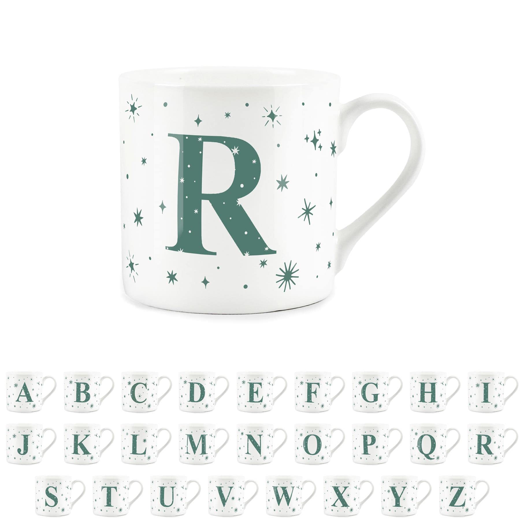Purely Home Letter R Star Mug - Bone China White Coffee/Tea Present Gift - Alphabet Letter Mug with Stars in Teal Green Blue