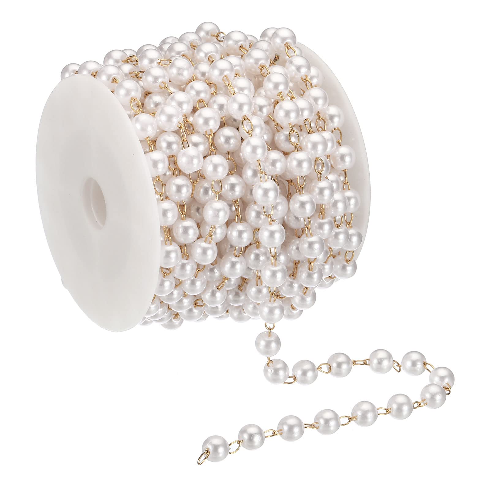 PATIKIL 5m/16 Feet Faux Pearl Beading Chain with Spool, 6mm Brass Chain Link for Decoration Making DIY Accessories Style 1, Golden