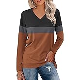 Minetom Women's V Neck Long Sleeve T Shirts Casual Color Block/Solid Tunic Tops Basic Tees