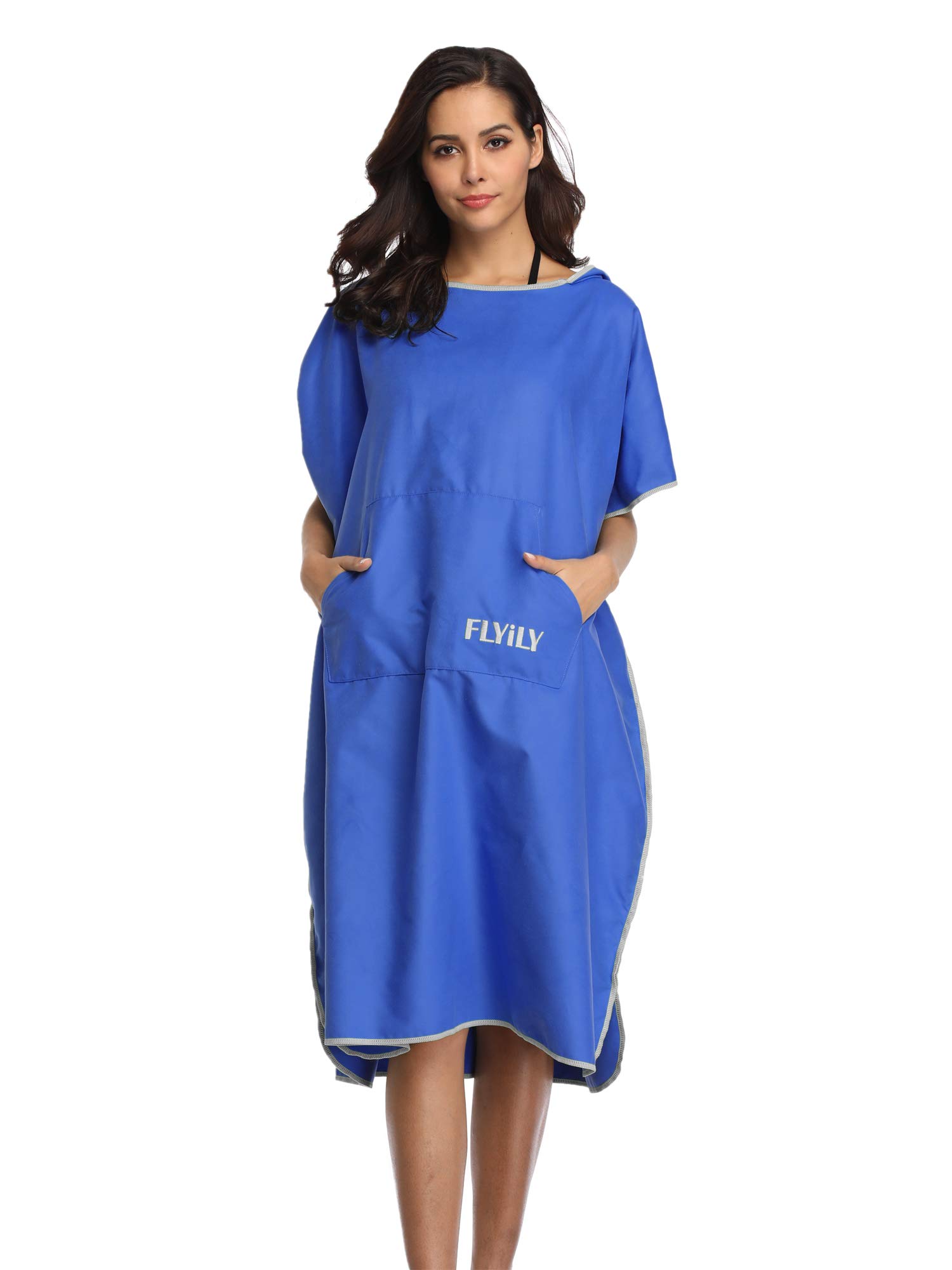 FLYILY Changing Towel Poncho Hooded light weight Microfiber surf wetsuit changing with pocket, Adults/Kids beach swimming changing towel (RoyalBlue, Large(Fit for Adult))