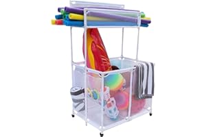 Essentially Yours Pool Storage Equipment Organizer Holder - Noodles, Toys, Balls and Floats Mesh Rolling Double Decker Bin, Large with Noodle Holder, (35.3" W x 23" L x 59.4" H), White Style 561935