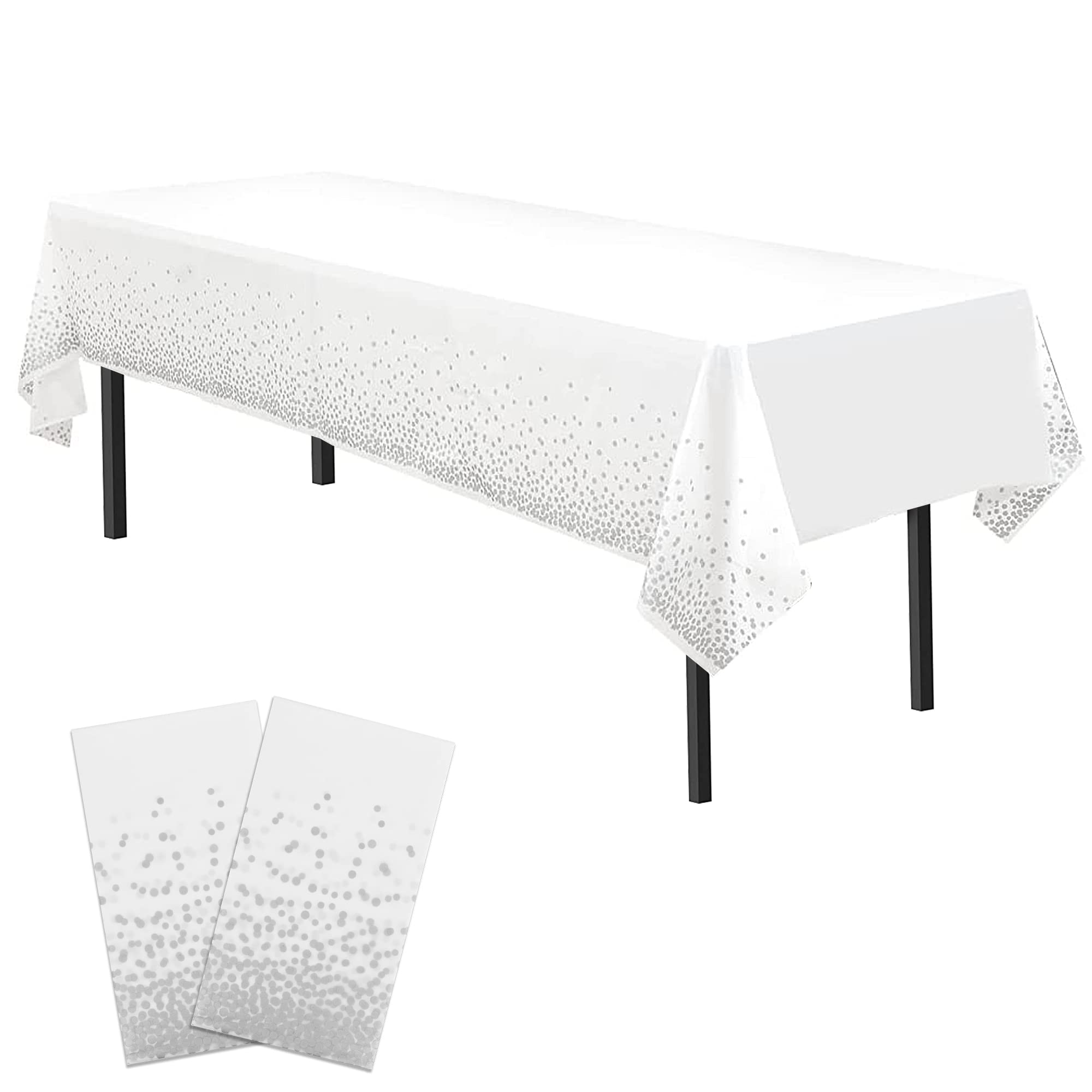 Time to Sparkle 2 Pack Plastic Tablecloths 54" x 108" Plastic Dining Table Cloth Premium Rectangle Table Cover for Parties Wedding Banquet etc Indoor Or Outdoor(White Silver)