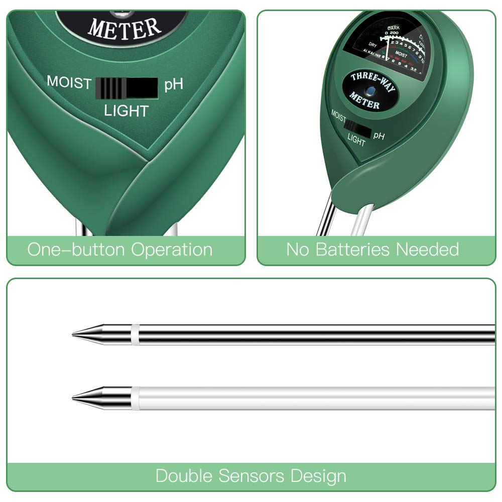Veroyi ST01 Soil pH Tester, 3-in-1 Plant Soil Moisture Meter/Light/pH Meter for Gardener (Green)