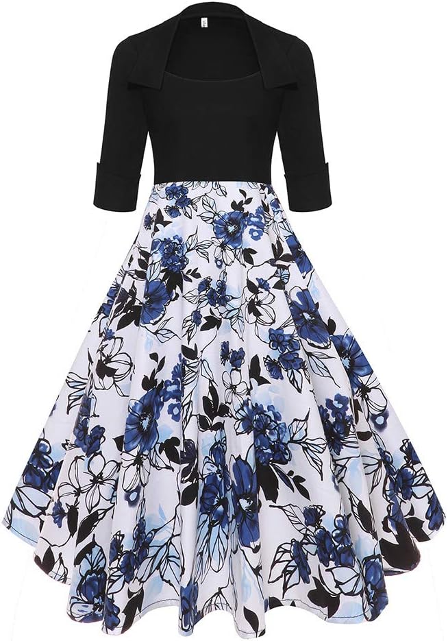 Women Swing Dress,Women Vintage Sleeve O Neck Evening Printing Party Prom Dress