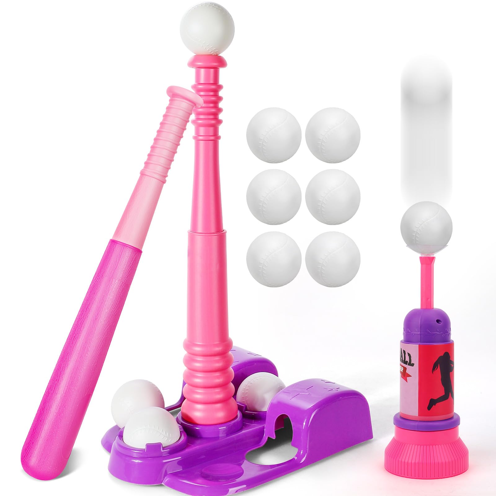 TOY Life T Ball Sets for Kids 3-5, Baseball Set for Toddler Girls, TBall Stand with Ball Launcher and 6 Teeballs, Indoor/Outdoor Sport Toys Gifts for Girls, Pink