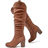 Luoika Women's Extra Wide Calf Cowboy Knee High Boots, Wide Width Cowgirl Slouchy Boots Chunky Pump Heel Plus Size Western Boots.