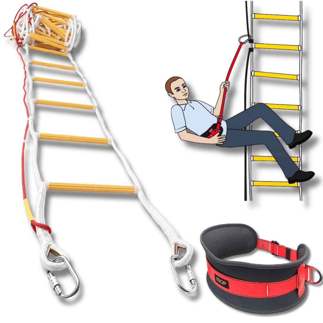 ISOP Emergency Fire Ladder for 4 Story Homes 32ft (10m) Flame Resistant Fire Safety Rope Ladder with Spring Hooks & Security Belt - Fast to Deploy & Simple to Use - Portable & Compact, Heavy Duty