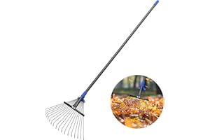 LCOKEIY Adjustable Metal Rake for Leaves with Long Handle - Heavy Duty Gardening Tools for Lawns, Yards, RV Camping & More. Expandable Head from 9" to 18", Perfect for Women, Kids and Large Leaf Cleanup