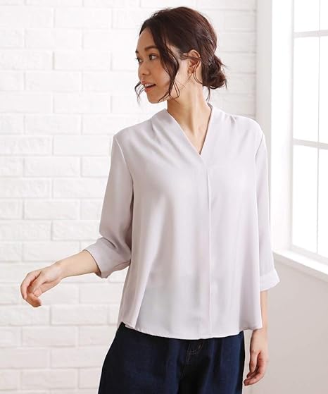 Amazon Nissen ニッセン シャツ ブラウス きれいめ 七分袖 ノーカラーブラウス ライトグレー 3l 大きいサイズ レディース シャツ ブラウス 通販