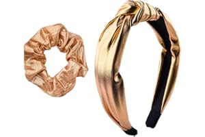 Christmas Hair Accessory Metallic Gold Knotted Wide Headband Ponytail Holder Set Gold Head Band Scrunchy for Long Fine Hair A