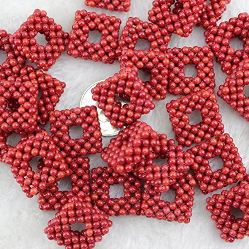 20mm Square Handmade Weave Coral Gemstone Pendants with 3mm Round Red Coral Beads 5 Pieces