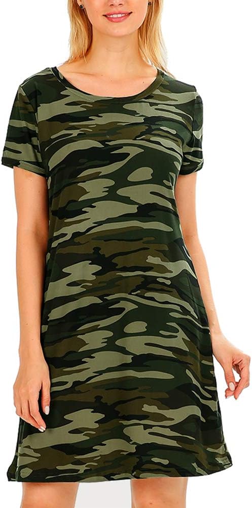 Women's Summer Casual Short Sleeve Camo Print Dresses Stretch Swing Dress for Work