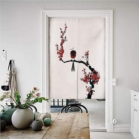 Amazon 家の装飾 のれん おしゃれ 目隠し 幅85cm 丈150cm 桜の木の鳥の夏の古典的なアジアの絵画スタイルイラスト印刷 おしゃれ ロング 居酒屋 店 部屋 玄関 入り口 間仕切り インテリア 黒赤 のれん オンライン通販