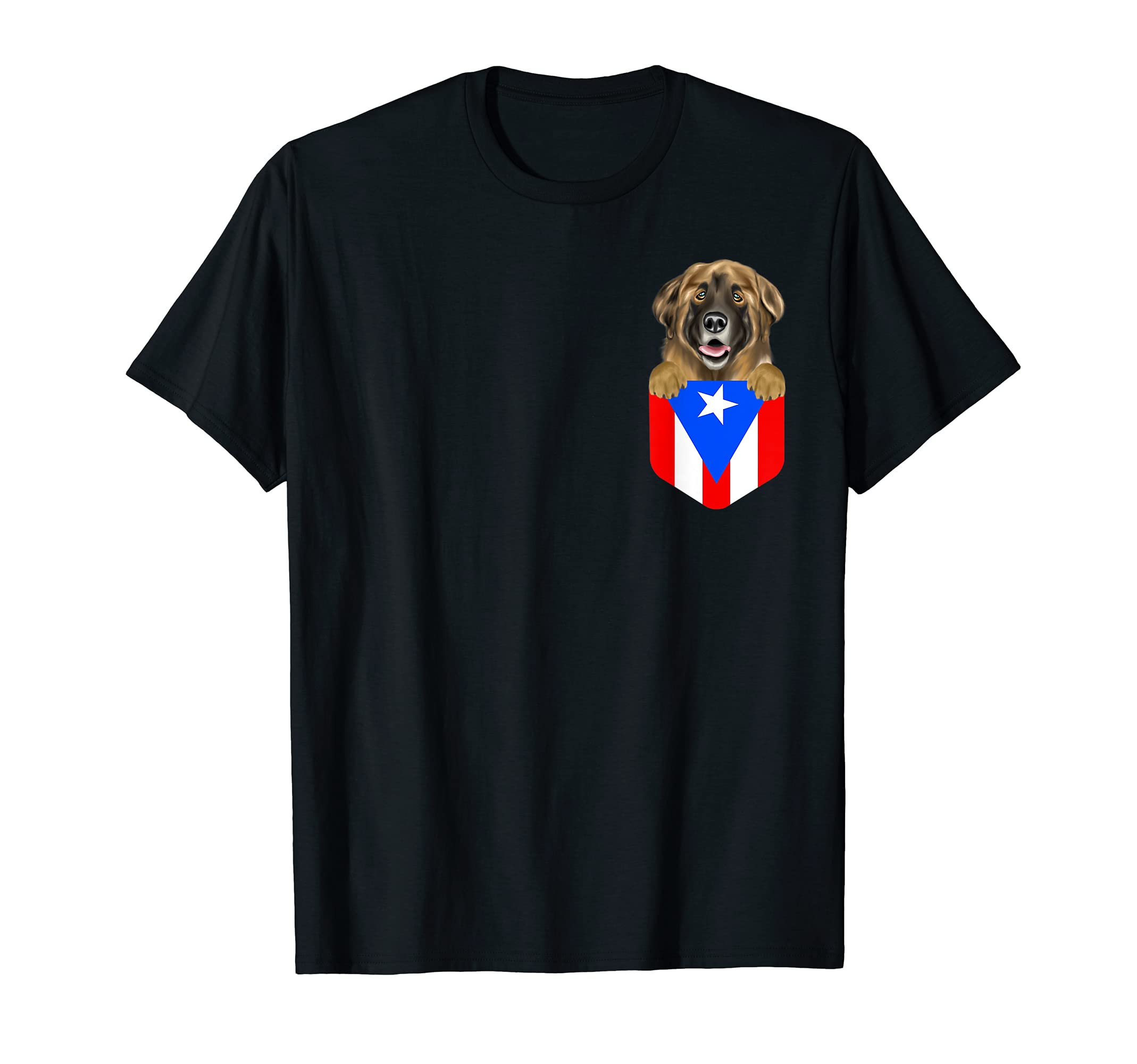Puerto Rico Flag Leonberger Dog In Pocket T-Shirt