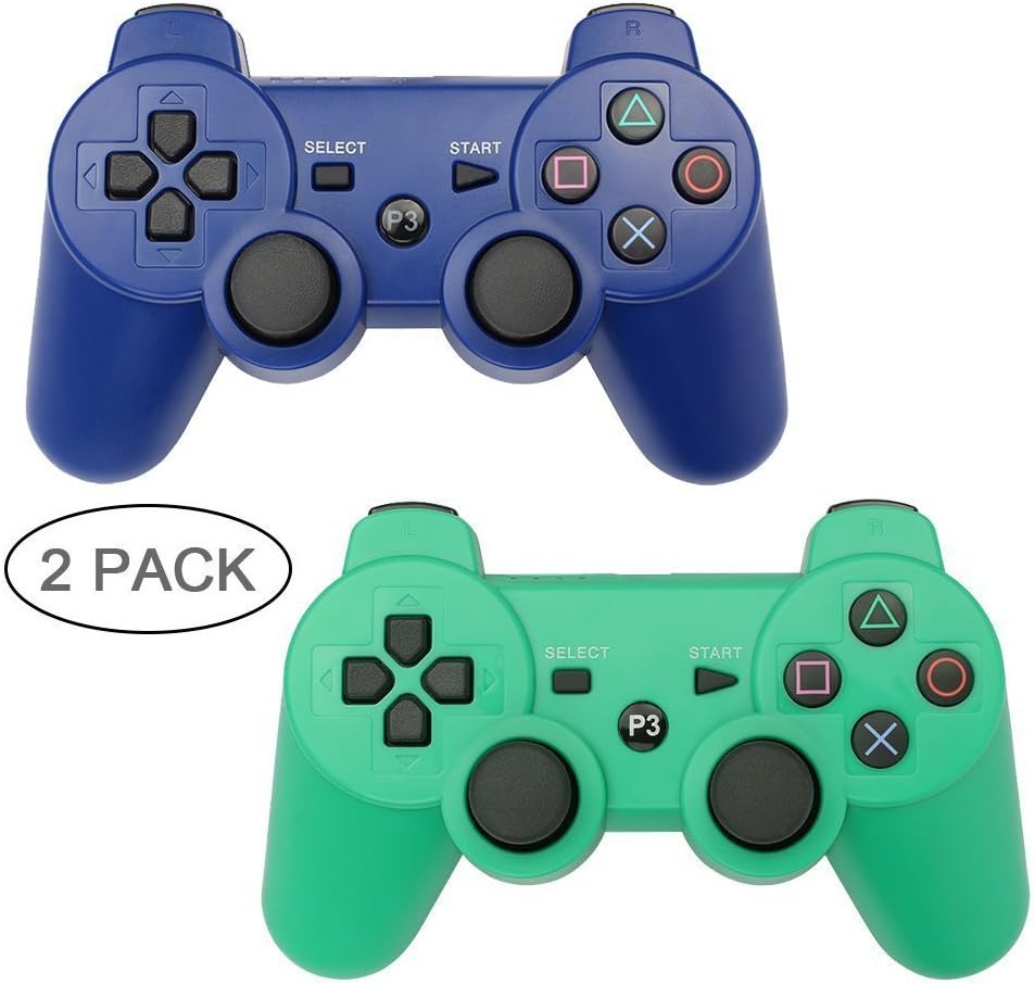 Autker PS3 Controller Wireless 2 Pack Playstation 3 Controller Double Vibration for PS3 with 2 Charging Cable (Blue+Green): Electronics