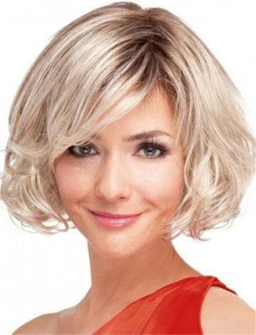 Short Wavy Bob Wigs Mix Blonde Dark Roots Curly Medium Length Heat