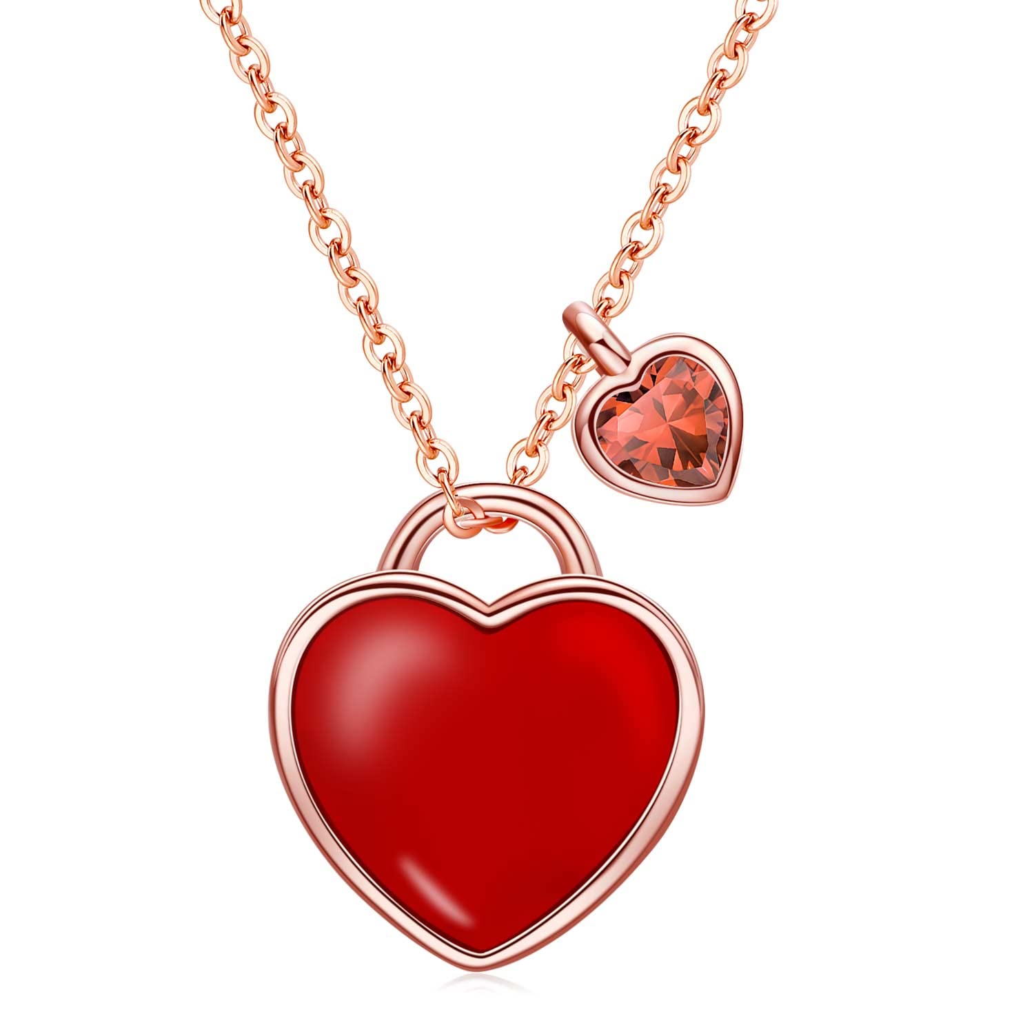 Qings January Birthstone Garnet Necklace - Rose Gold Sterling Silver Dainty Forever Love Double Heart Lock Pendant Red Heart-shaped Gemstone Cubic Zircon Adjustable Chain Jewelry Gifts for Girls Wife
