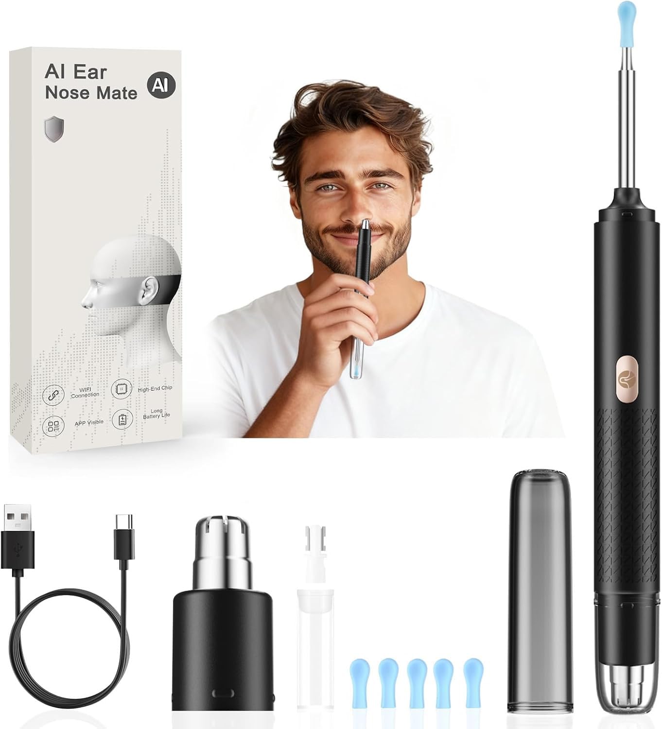 Photo 1 of 2-in-1 Visual Ear Wax Removal & Nose Hair Trimmer, 1296P HD Ear Cleaner with AI Eardrum Alert, Smart Anti-Pinch, 360° Rounded Blades, IP67 Waterproof, APP Visual Camera for Men, Women & Family Use
