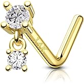 COCHARM 14K Gold Dangle Nose Stud 20g 22g 18g-Real Gold L Shape Nose Ring Stud, 14kt Nose Piercing 7mm Long Dangling Tiny Nostril Piercing 14 Karat Cute Danly Nostril Jewelry for Women