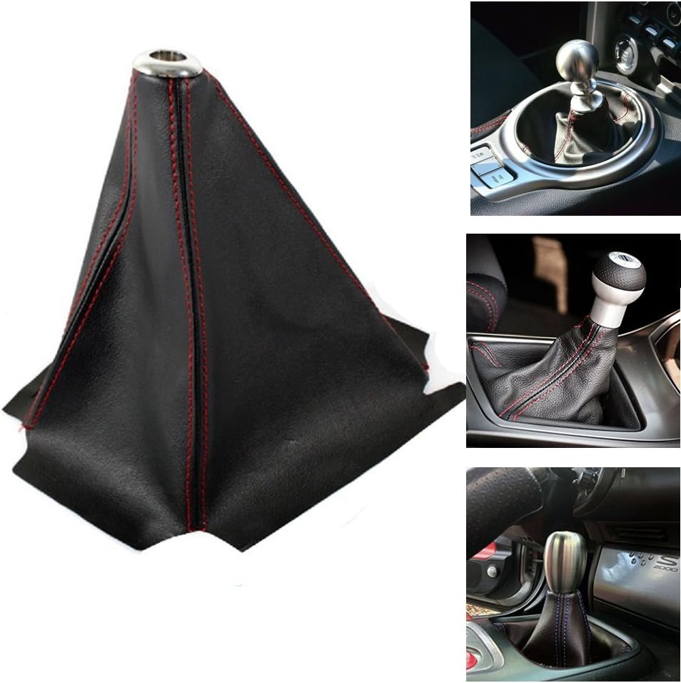 Finlon Car Gear Shift Knob Cover Universal Red Stitch/JDM Black PVC Leather Manual/Auto Shifter Shift Boot Cover