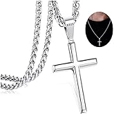 IRONBOX 925 Sterling Silver Cross Necklace for Men Women with 3MM Stainless Steel Strong Durable Wheat Chain 18K White Gold Plated Crucifix Pendant Necklace Jewelry 16-30 Inches