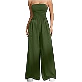 OYOANGLE Women's Strapless Jumpsuits Ruched Wide Leg Tube Romper Vacation Going Out Summer Outfits