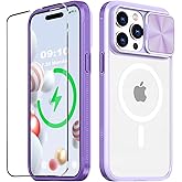 WATEFULL Compatible with iPhone 15 Pro Max Clear Magsafe Case with Slide Camera Cover,[Action Button Access] [Strong Magnets][Anti Yellow] Shockproof Case with 1 Screen Protector 6.7"(Purple)