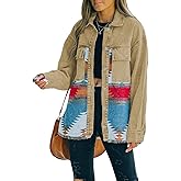 Haellun Women's Aztec Shacket Distressed Lapel Long Sleeve Button Down Jean Denim Jacket Coat