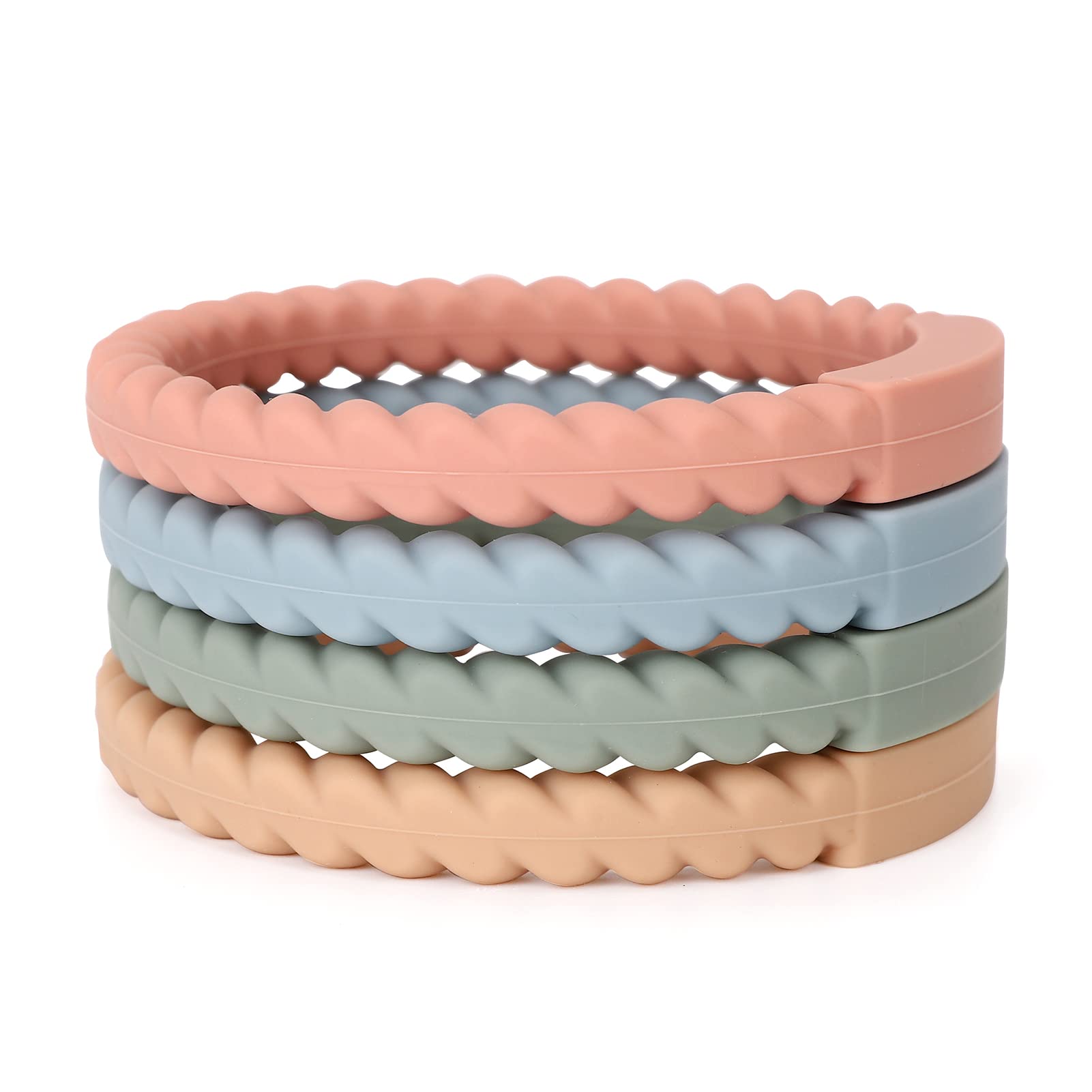Socub Silicone Baby Teether Toy, 4 Pack BPA Free Soft Silicone Teether Bracelets for 3+Month Babies, Wearable as Bracelets, Baby Chew Toy (Sage/Ether/Muted/Apricot)