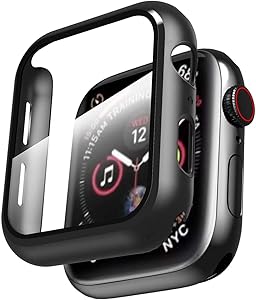 Smiling Hard PC Case Compatible with Apple Watch Series 6/SE/Series 5/Series 4 44mm with Built in Tempered Glass Screen Protector -Black