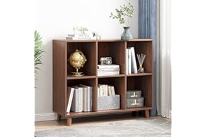 IOTXY Freestanding Open Cubes Bookcase - 2-Tier Floor Standing Wooden Storage Display Cabinet Organizer with Legs for Home Office, 6-Cubes Open Shelf Low Short Bookshelf, Walnut