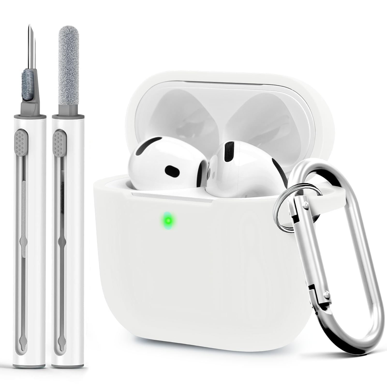 Photo 1 of Woyinger for Airpods 4th Case Cover, Come with Cleaner Kit,Soft Skin Silicone Case Cover with Keychain, Front LED Visibl, Full Protective Case?Compatible with AirPods 4th(White)