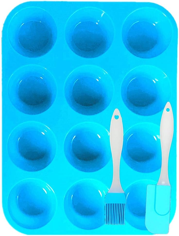 Silicone Muffin Trays and Spatula, Mini 12 Cups Muffin Silicone Cupcake Baking Pans/Non Stick/Dishwasher - Microwave Safe (blue/1pack)