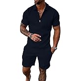 UOUA Mens Summer Track Suits 2 Piece Shorts Sets Short Sleeve Sweatsuit Outfits 1/4 Zip Golf Polo Shirts Loungewear