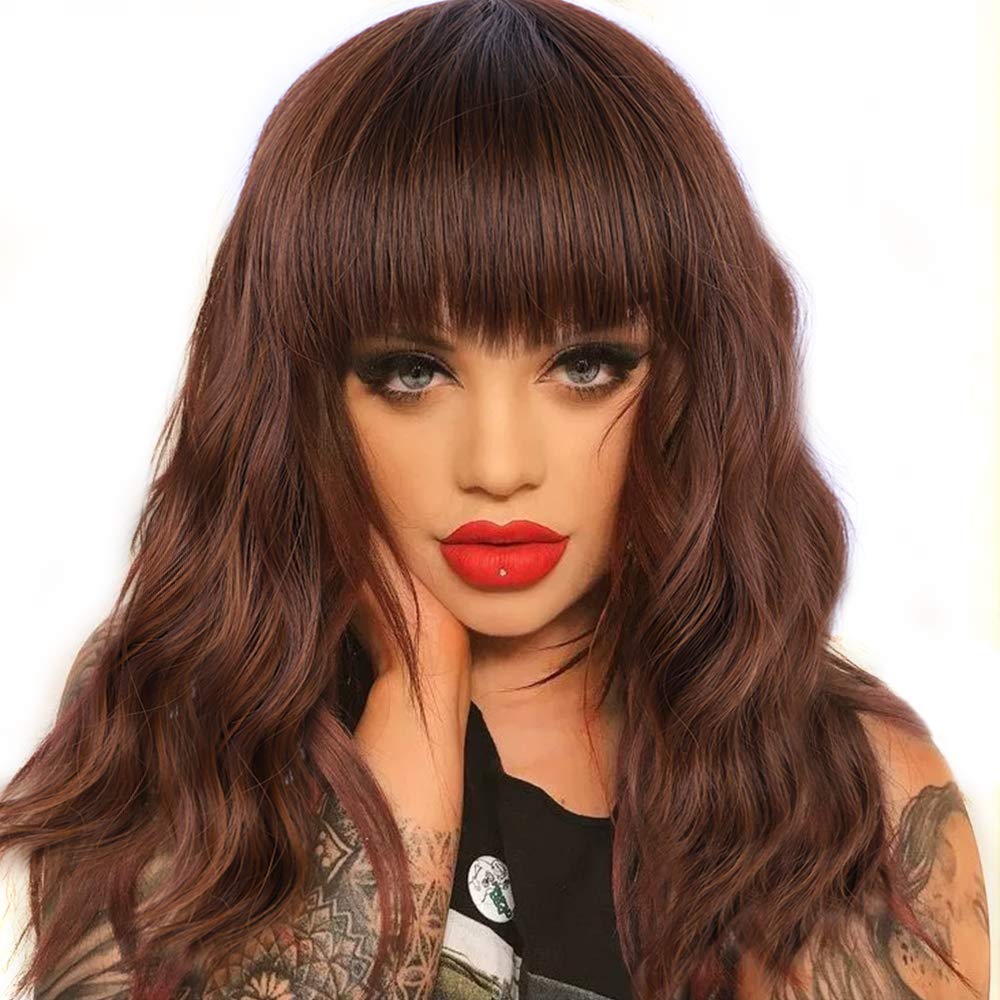MORICA Bob Wig Synthetic Bob Curl Wavy Wig with Bangs Middle Part Natural Looking Heat Resistant Fiber Hair for Women(color:30/27#)