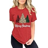 Merry Christmas Shirts for Women Cute Xmas Buffalo Plaid Tops Short Sleeve Holiday Graphic Tees